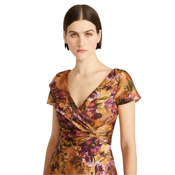 NWOT THEIA Nina Twist Drape A Line Gown in Gilded Poppies - Picture 2 of 14